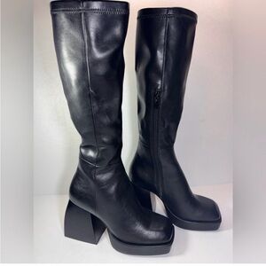 Jeffrey Campbell Black Leather Over-the-Knee Block Heel Boots